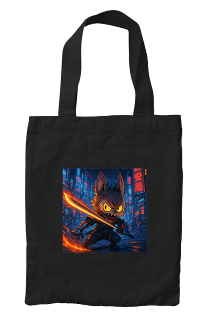 Сумка з принтом "Лабубу". Аніместиль, дія, катана, кіберніндзя, кіберпанк, лабубу, меч, неонове місто, очі` що світяться. 2070702