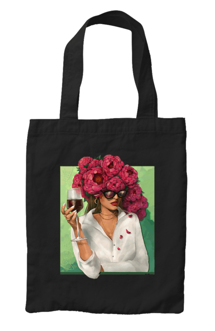 Сумка з принтом "Дівчина з півоніями та келихом". Вино, дівчина, квітка, келих, літо, окуляри, півонії, сорочка. 2070702