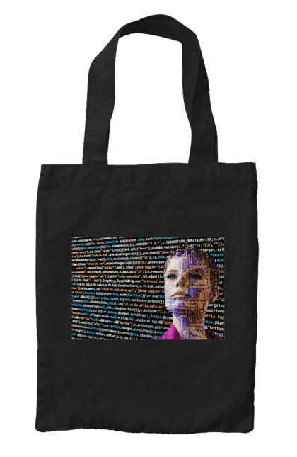 Сумка з принтом "Штучний Розум". Айті, айтішник, гик, жінка, знання, інженер, інтелект, кібер, кібернетика, кіборг, код, комп, комп`ютерник, кристал, машинне навчання, мікросхема, мозок, портрет, програміст, професіонал, професія, розробник, розум, світиться, світло, хакер, чіп, штучний інтелект, штучний розум. 2070702