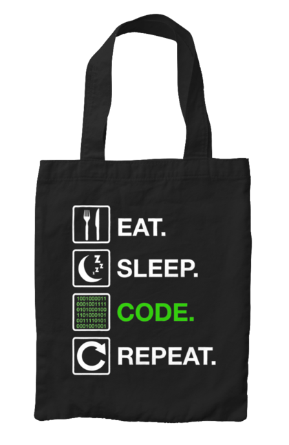 Сумка з принтом "Їж Cпи Кодуй Повторюй". Айті, айтішник, для айтішника, для програміста, їж спи, кодуй повторюй, подарунок айтішнику, подарунок програмісту, програміст, розробник. 2070702