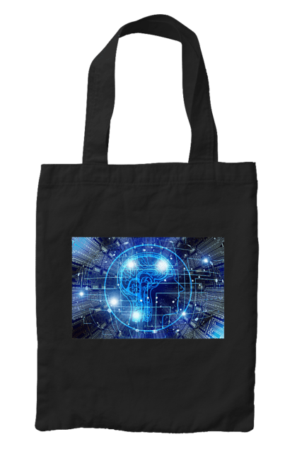 Сумка з принтом "Штучний інтелект". Айті, айтішник, гік, знання, інженер, інтелект, кібер, кібернетика, кіборг, код, комп, комп`ютерник, кристал, машинне навчання, мікросхема, мозок, портрет, програміст, професіонал, професія, розробник, розум, хакер, чіп, штучний інтелект, штучний розум. 2070702
