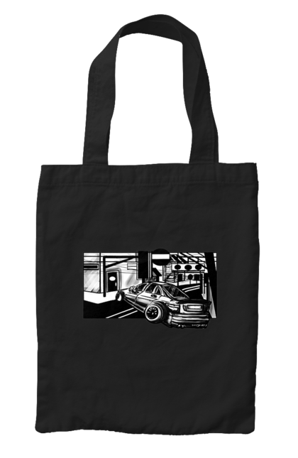 Bag with prints Dangerous Car on the roads of the streets. Black and white, car, dangerous, fast, machine, race. 2070702