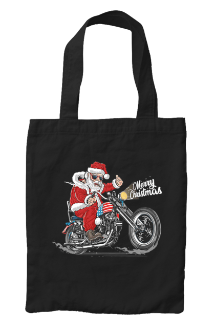Сумка з принтом "Санта в окулярах на мотоциклі". Байкер, дід мороз, зима, мотоцикл, новий рік, різдво, санта, санта клаус, сніг, щасливого різдва. CustomPrint.market