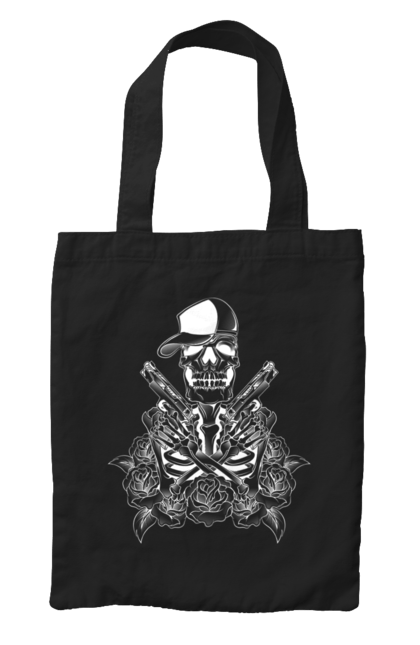 Bag with prints Skeleton with pistols. Black and white, bones, cap, gun, roses, scull, skeleton, teeth. 2070702