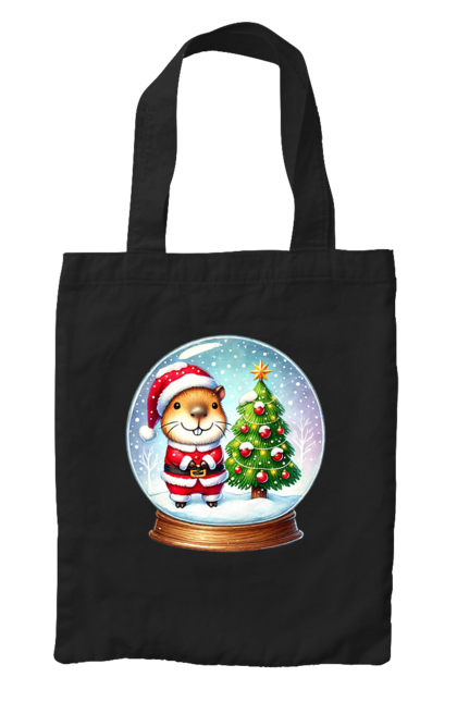 Bag with prints Christmas Capybara with a Tree. Animal, capybara, christmas, christmas capybara, christmas tree, gift, holiday, new year, new year`s gift, santa. 2070702