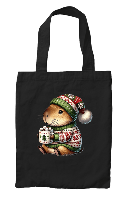 Bag with prints Capybara with hot chocolate. Animal, capybara, christmas, christmas capybara, gift, holiday, hot chocolate, new year, santa. 2070702