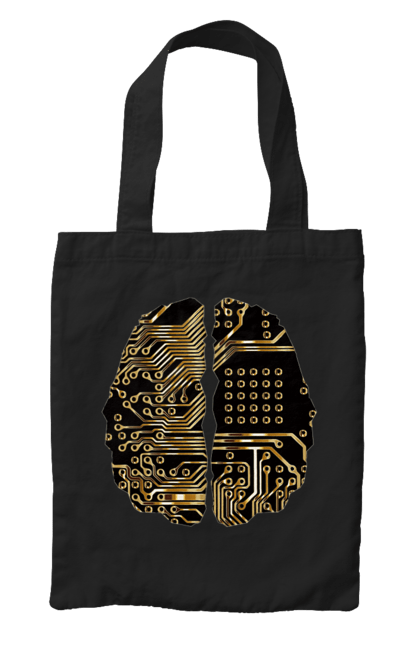 Bag with prints It Brain. Brain, chip, code, comp, computer, crystal, cyber, cybernetics, cyborg, developer, engineer, geek, gold, golden, it, it specialist, knowledge, mind, printed circuit board, profession, professional, programmer. 2070702