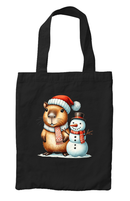 Bag with prints Capybara and Snowman. Animal, capybara, christmas, christmas capybara, gift, holiday, new year, new year`s gift, santa, snowman. 2070702