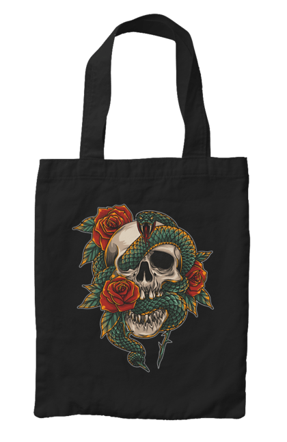 Bag with prints Skull with a snake. Bones, flowers, roses, scales, scull, snake, spikes, teeth. 2070702