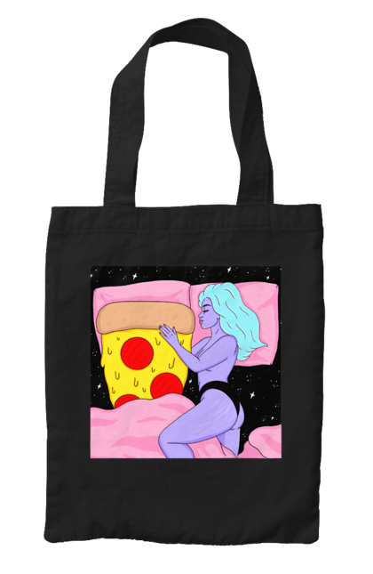 Сумка з принтом "Фіолетова Дівчина І Піца". Дівчина, ліжко, піца. 2070702