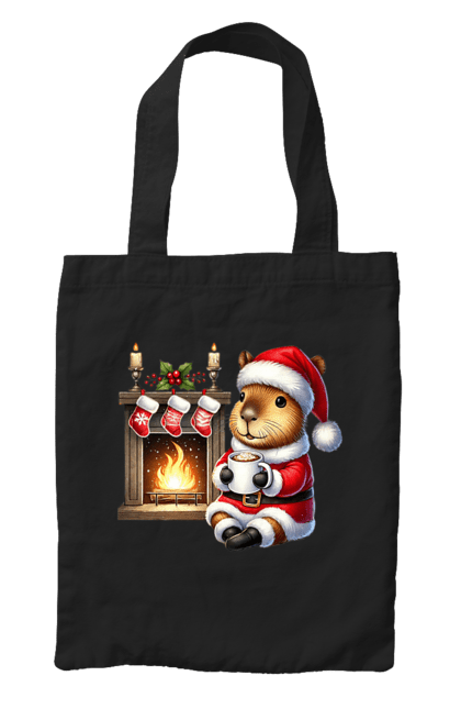 Bag with prints Capybara by the fireplace with hot chocolate. Animal, capybara, christmas, christmas capybara, fireplace, gift, holiday, hot chocolate, new year, santa. 2070702