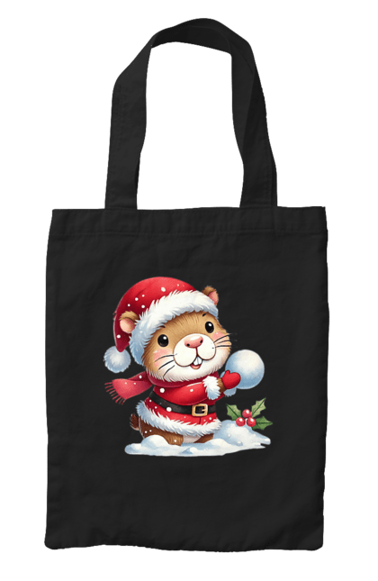 Bag with prints Capybara playing snowballs. Animal, capybara, christmas, christmas capybara, game, gift, holiday, new year, santa, snowballs. 2070702