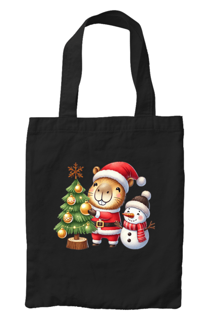 Bag with prints Christmas Capybara with a Tree. Animal, capybara, christmas, christmas capybara, christmas tree, gift, holiday, new year, new year`s gift, santa. 2070702