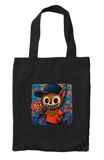 Сумка з принтом "Лабубу". Бейсболка, вуличне мистецтво, графіті, золотийланцюг, лабубу, мікрофон, міський стиль, репатмосфера, хіпхоп, яскраво. 2070702