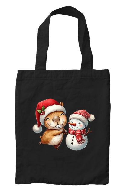 Bag with prints Capybara and Snowman. Animal, capybara, christmas, christmas capybara, gift, holiday, new year, new year`s gift, santa, snowman. 2070702