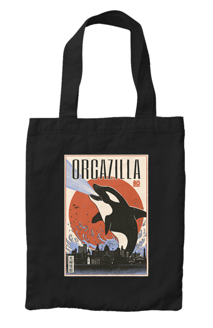 Bag with prints Orcazilla. Cartoon style design, graphic, japan print, japanese, japanese art, japanese poster, japanese poster orca, ocean wildlife, orca, orcazilla. 2070702