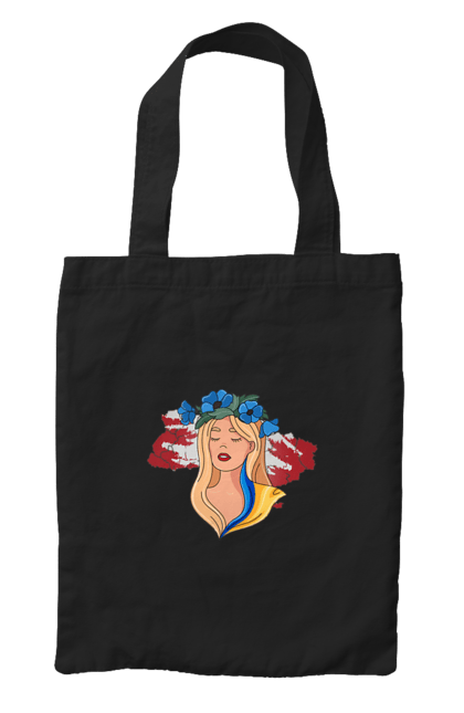 Сумка з принтом "Дівчина на карті України". Дівчина, дівчина на карті, жовтий, карта україни, квіти, прапор, синій, україна, червоний. 2070702