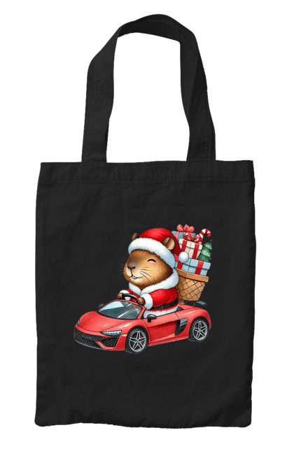 Bag with prints Christmas Capybara with a Gift. Animal, capybara, car, christmas, christmas capybara, gift, holiday, new year, new year`s gift, santa. 2070702