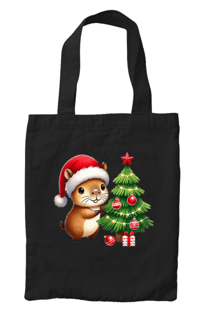 Bag with prints Christmas Capybara with a Tree. Animal, capybara, christmas, christmas capybara, christmas tree, gift, holiday, new year, new year`s gift, santa. 2070702