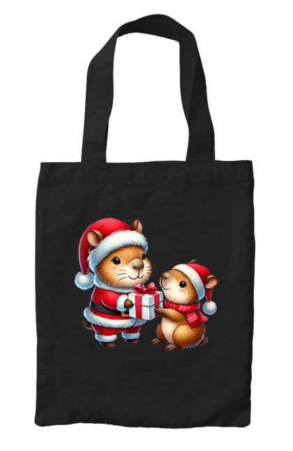 Bag with prints Christmas Capybara with a Gift. Animal, capybara, christmas, christmas capybara, gift, holiday, new year, new year`s gift, santa. 2070702