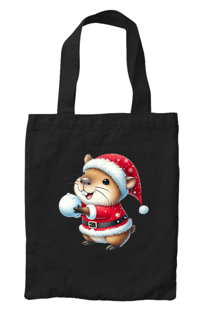 Bag with prints Capybara playing snowballs. Animal, capybara, christmas, christmas capybara, game, gift, holiday, new year, santa, snowballs. 2070702