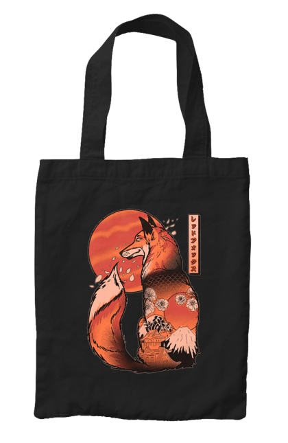 Bag with prints Kitsune. Animal, cherry blossoms, flowers, fox, great wave, japan, japanese, kitsune, mount fuji, red fox. 2070702