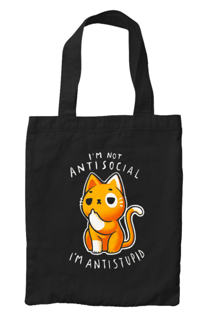 Bag with prints I'm not antisocial, I'm antistupid. Antisocial, antistupid, cat, cynicism, hate, humor, irony, joke, meme, sarcasm. 2070702