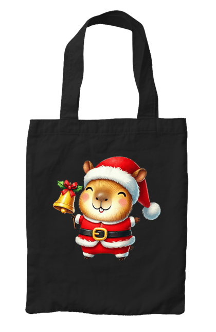 Bag with prints Funny capybara with a bell. Animal, bell, capybara, christmas, christmas capybara, gift, holiday, new year, new year`s gift, santa. 2070702