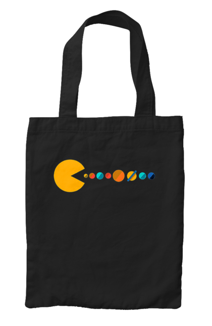 Сумка з принтом "Pac Man Planets". Atari, namco, pac man, аркадна відеогра, відеогра, комп`ютерна гра, космос, лабіринт, планети, сонячна система. 2070702