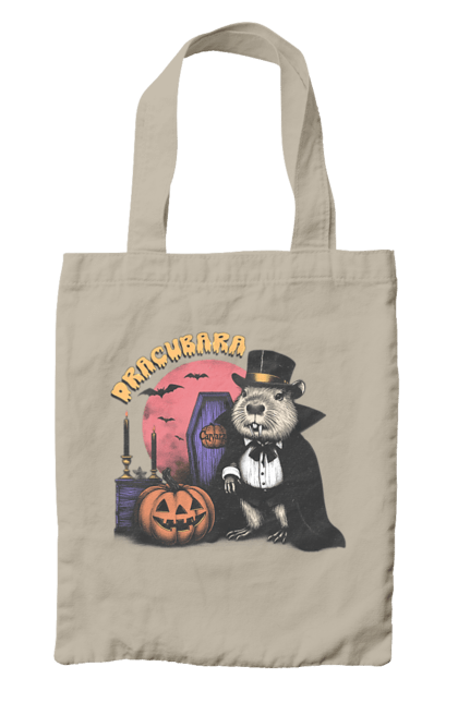 Bag with prints Capybara Halloween. Animal, capybara, ghost, halloween, holiday, moon, pumpkin, rodent, vampire. 2070702