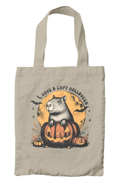 Bag with prints Capybara Halloween. Animal, capybara, halloween, holiday, moon, pumpkin, rodent. 2070702