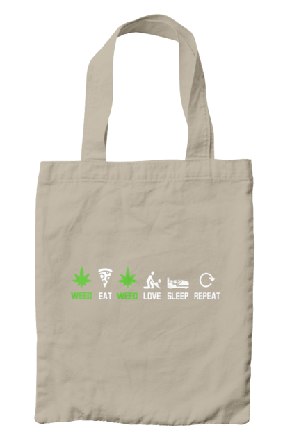 Сумка с принтом Есть, любить, спать, повторить. Есть, конопля, любовь, пицца, повторить, секс, сон, спать, травка. 2070702