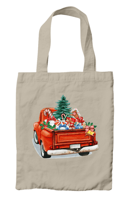 Bag with prints Car with gifts. Car, christmas, new year, presents, santa, tree. 2070702
