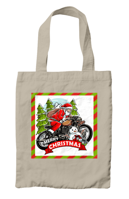 Сумка с принтом Санта на мотоцикле. Елка, мотоцикл, новый год, подарки, рождество, санта, снеговик. 2070702