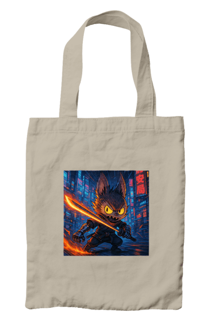 Сумка з принтом "Лабубу". Аніместиль, дія, катана, кіберніндзя, кіберпанк, лабубу, меч, неонове місто, очі` що світяться. 2070702