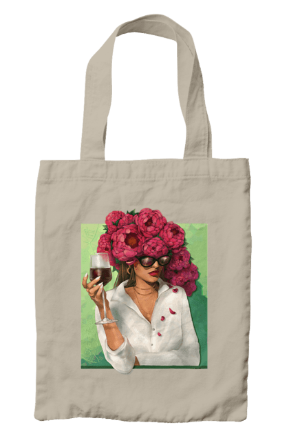 Сумка з принтом "Дівчина з півоніями та келихом". Вино, дівчина, квітка, келих, літо, окуляри, півонії, сорочка. 2070702
