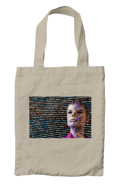 Сумка з принтом "Штучний Розум". Айті, айтішник, гик, жінка, знання, інженер, інтелект, кібер, кібернетика, кіборг, код, комп, комп`ютерник, кристал, машинне навчання, мікросхема, мозок, портрет, програміст, професіонал, професія, розробник, розум, світиться, світло, хакер, чіп, штучний інтелект, штучний розум. 2070702