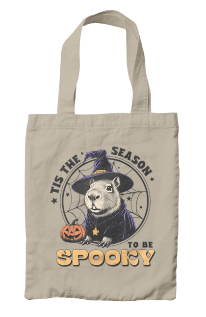 Bag with prints Capybara Halloween. Animal, capybara, ghost, halloween, holiday, moon, pumpkin, rodent, witch. 2070702