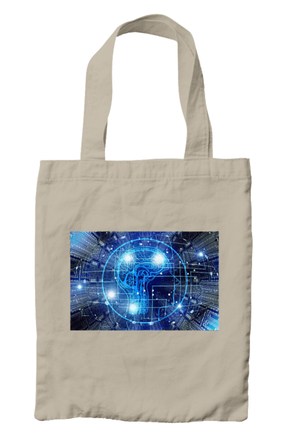 Сумка з принтом "Штучний інтелект". Айті, айтішник, гік, знання, інженер, інтелект, кібер, кібернетика, кіборг, код, комп, комп`ютерник, кристал, машинне навчання, мікросхема, мозок, портрет, програміст, професіонал, професія, розробник, розум, хакер, чіп, штучний інтелект, штучний розум. 2070702