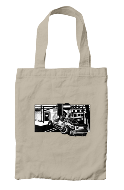 Bag with prints Dangerous Car on the roads of the streets. Black and white, car, dangerous, fast, machine, race. 2070702