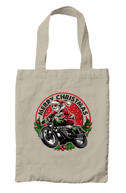 Сумка з принтом "Щасливого Різдва, дід мороз на мотоциклі". 2022, дід мороз, зима, мотоцикл, новий рік, подарунки, різдво, санта, сніг. 2070702