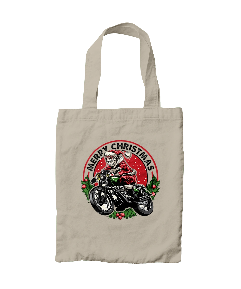 Merry Christmas, Santa Claus on a motorcycle