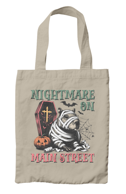 Bag with prints Capybara Halloween. Animal, capybara, ghost, halloween, holiday, moon, mummy, pumpkin, rodent. 2070702