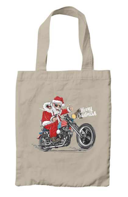 Сумка з принтом "Санта в окулярах на мотоциклі". Байкер, дід мороз, зима, мотоцикл, новий рік, різдво, санта, санта клаус, сніг, щасливого різдва. 2070702