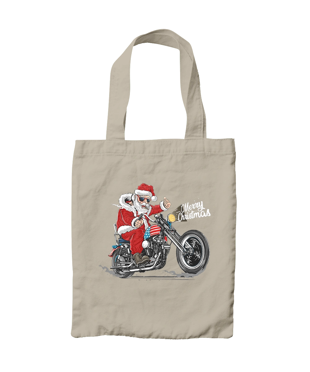 Santa in glasses on a motorcycle