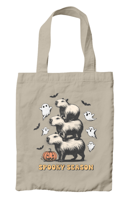 Bag with prints Capybara Halloween. Animal, capybara, ghost, halloween, holiday, moon, pumpkin, rodent. 2070702