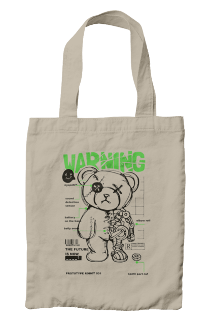 Bag with prints Robot bear. Attention, bear, details, robot, toy, warning. 2070702