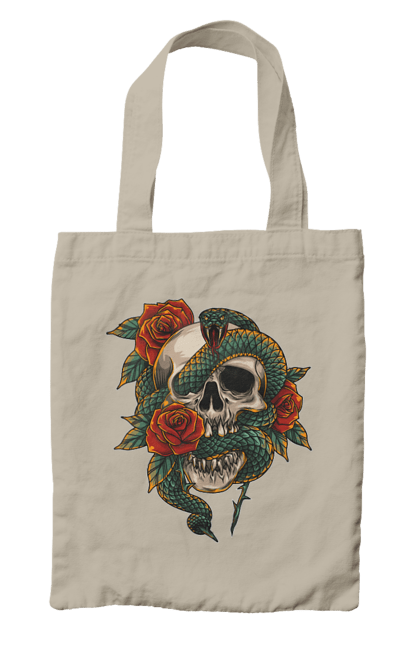 Bag with prints Skull with a snake. Bones, flowers, roses, scales, scull, snake, spikes, teeth. 2070702