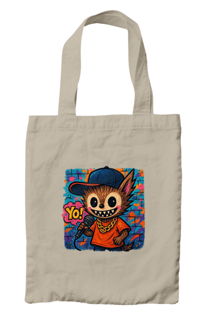 Сумка з принтом "Лабубу". Бейсболка, вуличне мистецтво, графіті, золотийланцюг, лабубу, мікрофон, міський стиль, репатмосфера, хіпхоп, яскраво. 2070702