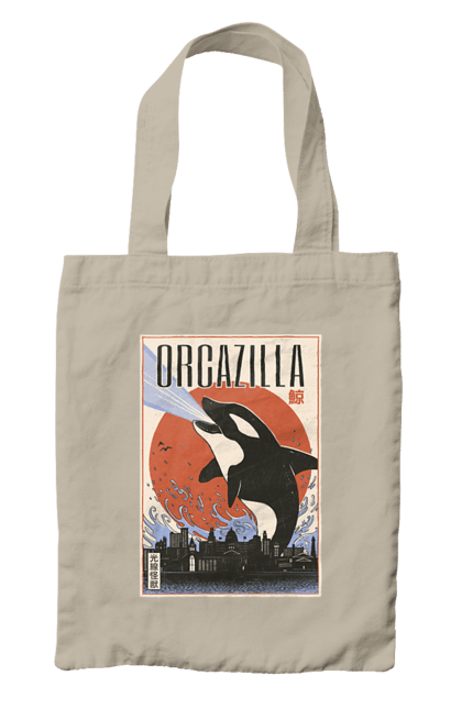 Bag with prints Orcazilla. Cartoon style design, graphic, japan print, japanese, japanese art, japanese poster, japanese poster orca, ocean wildlife, orca, orcazilla. 2070702